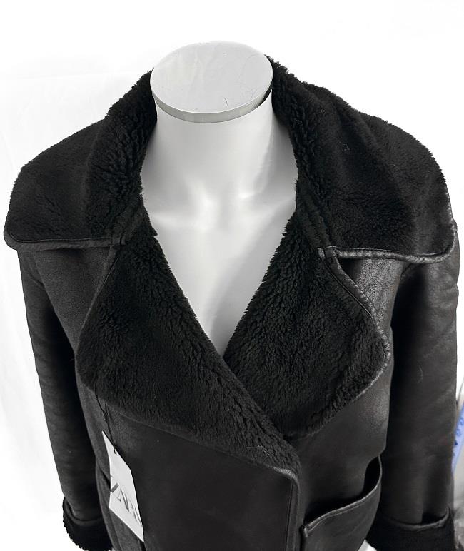 ZARA DOUBLE-FACED BLACK FAUX SHEARLING FUR LAPEL COLLAR AVIATOR