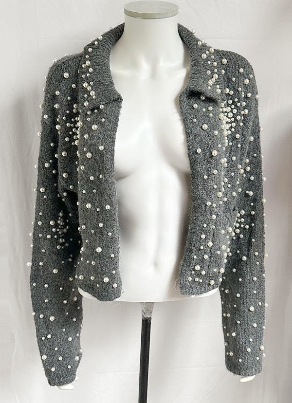 ZARA GREY WOOL ALPACA KNIT CARDIGAN WITH FAUX PEARLS LAPEL