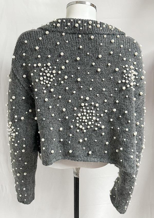 ZARA GREY WOOL ALPACA KNIT CARDIGAN WITH FAUX PEARLS LAPEL