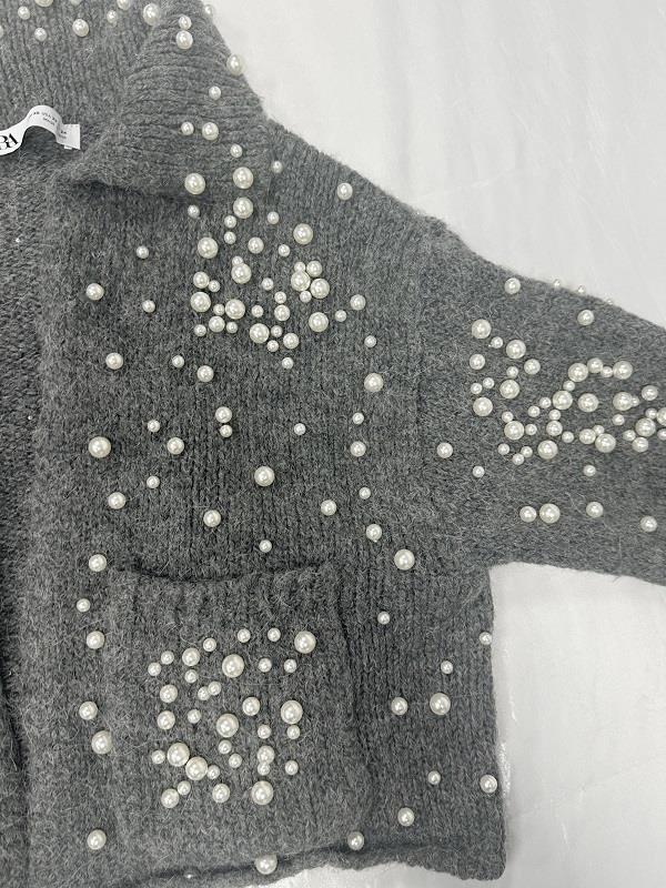 ZARA GREY WOOL ALPACA KNIT CARDIGAN WITH FAUX PEARLS LAPEL