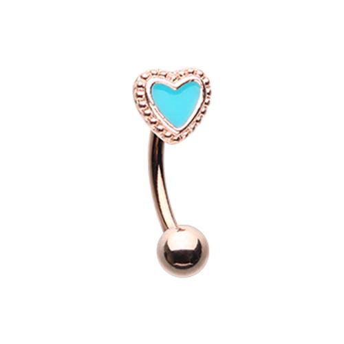 Addicted to Love Curved Barbell Eyebrow Ring Rose Gold Red Heart Teal Flower - Picture 3 of 3