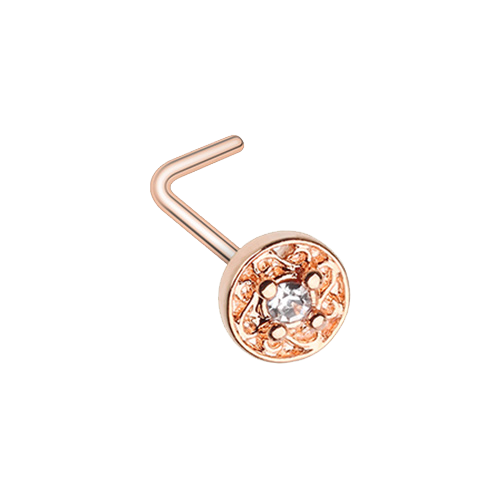 Round Ornate CZ Gem L-Shape Nose Ring Rose Gold Silver 20g 7mm Vintage Antique