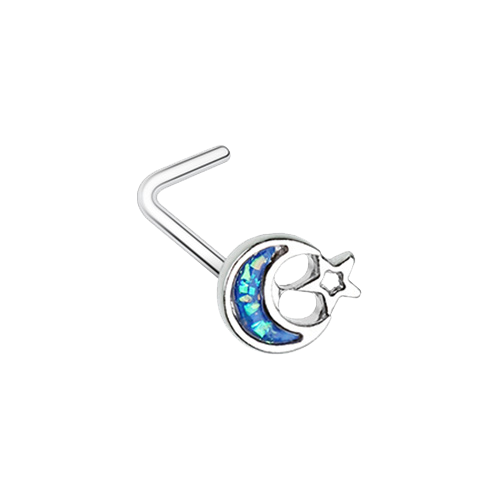 Opal Crescent Moon Star L-Shaped Nose Ring 20g 7mm Gold Silver Blue Half Space - Bild 2 von 3