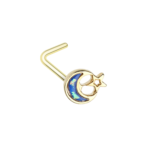 Opal Crescent Moon Star L-Shaped Nose Ring 20g 7mm Gold Silver Blue Half Space - Bild 3 von 3