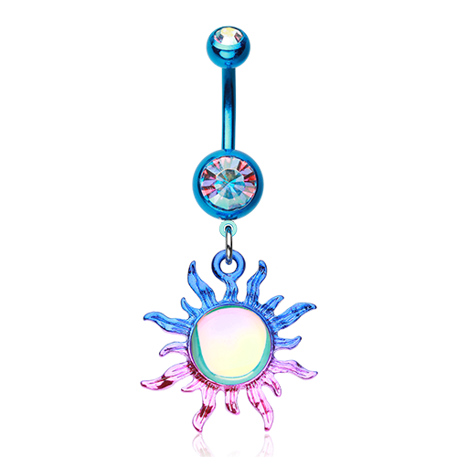 Iridescent Blazing Sun Belly Ring Rainbow Multi Aurora Borealis Clear CZ Blue - Bild 3 von 3