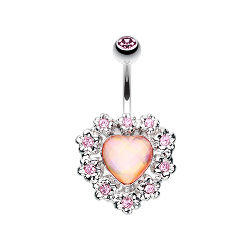 Golden Sparkle Heart Flower Belly Ring Clear Pink CZ Gem Body Jewelry Love Sexy - Picture 3 of 3