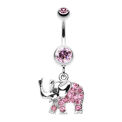Elephant Walk Dangle Belly Ring Trunk Clear Pink Hematite CZ Gem Animal - Picture 4 of 4
