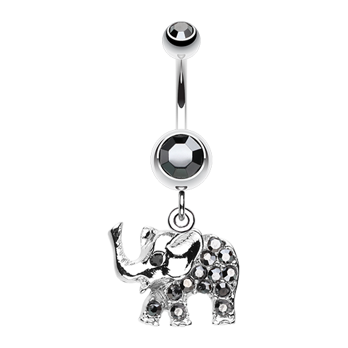 Elephant Walk Dangle Belly Ring Trunk Clear Pink Hematite CZ Gem Animal - Picture 2 of 4