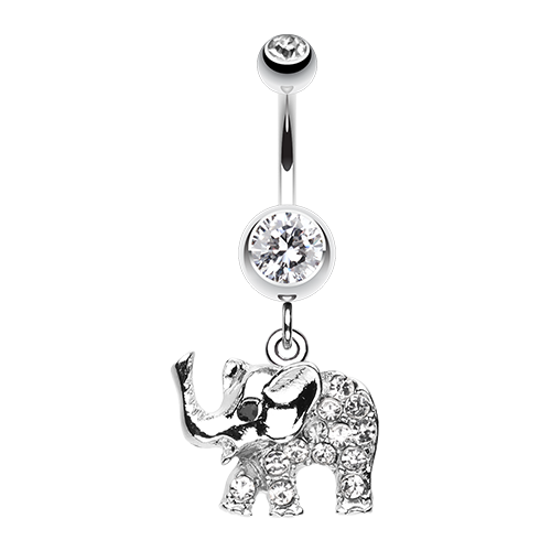 Elephant Walk Dangle Belly Ring Trunk Clear Pink Hematite CZ Gem Animal - Picture 3 of 4