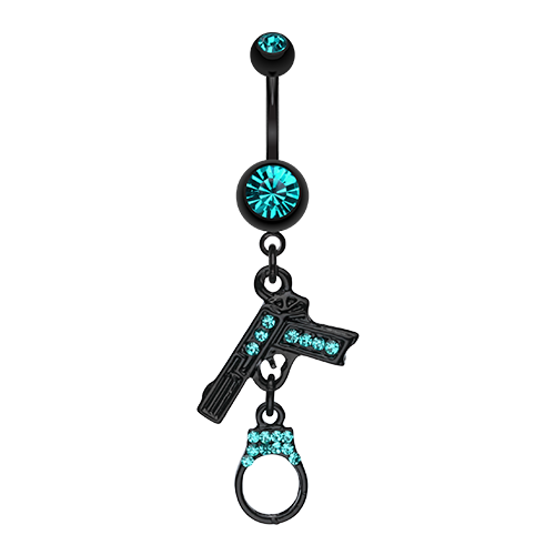 Handgun Cuff Sparkle Belly Ring Naval Dangle CZ Teal Fuchsia Clear Hematite Sexy - Picture 4 of 5