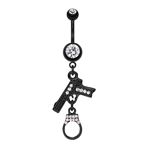 Handgun Cuff Sparkle Belly Ring Naval Dangle CZ Teal Fuchsia Clear Hematite Sexy - Picture 3 of 5