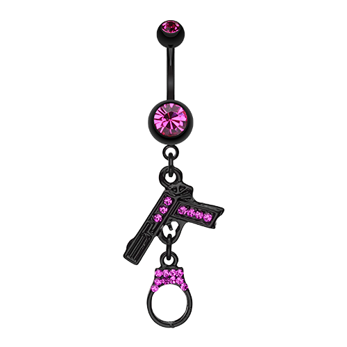 Handgun Cuff Sparkle Belly Ring Naval Dangle CZ Teal Fuchsia Clear Hematite Sexy - Picture 2 of 5