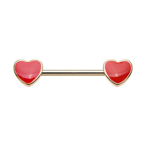 Golden True Love Enamel Heart Inlay Nipple Barbell Ring Sexy Red Beautiful Pair - Picture 2 of 3