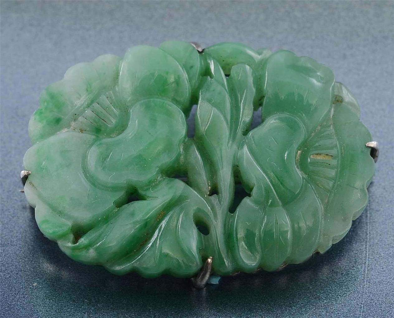 19C Chinese Green Jade Jadeite Plaque Carved Sterling Silver Pin Brooch ...