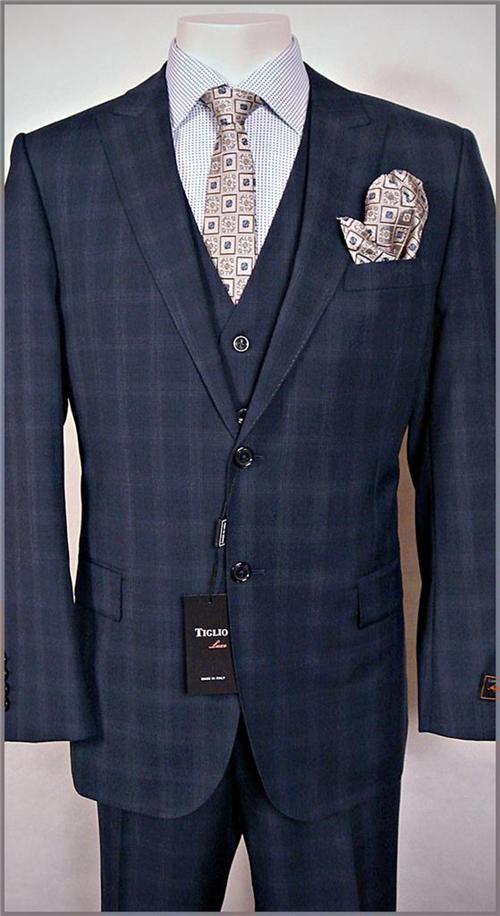 TIGLIO LUXE 3 PCS SUIT~48R~150s WOOL~MADE IN ITALY~BLUE WINDOWPANE ...