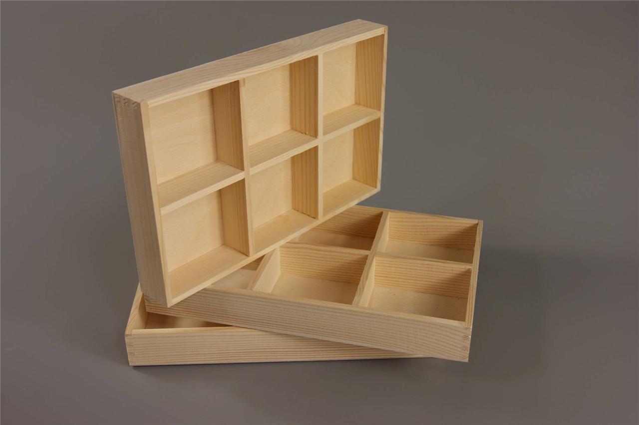 Wooden Tray Box 6 Compartment Display Storage Section Jewellery