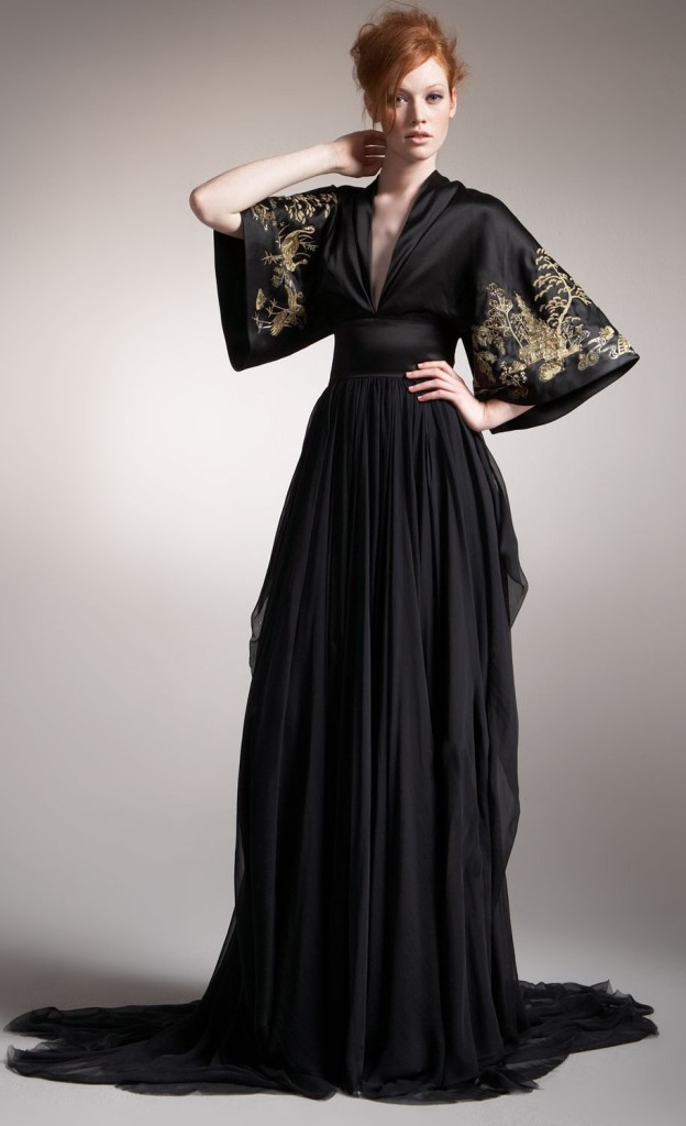Alexander McQueen Silk Kimono Gown IT 40 4 6 NWT Gold Embroidered Black ...