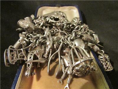 Vintage Solid Silver Charm Bracelet &36 Rare Silver Charms