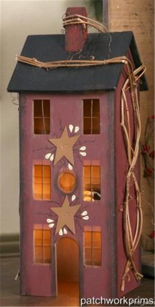 New Primitive Country Burgundy SALT BOX HOUSE STAR LIGHTED WINDOWS Electric Lamp