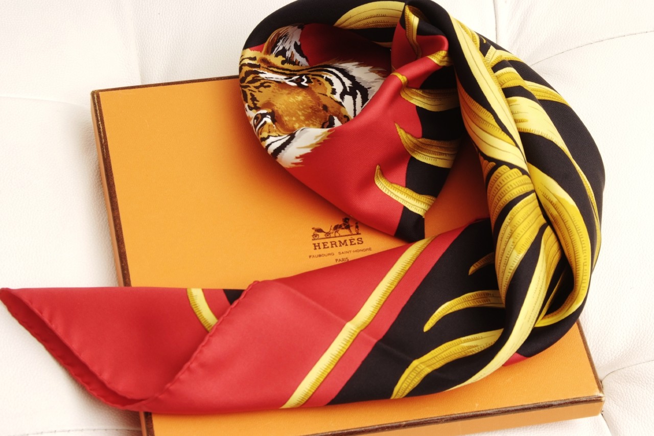 Hermes 'Tiger' Red/Black/Gold/Authentic Ladies Silk Fashion Scarf!! | eBay