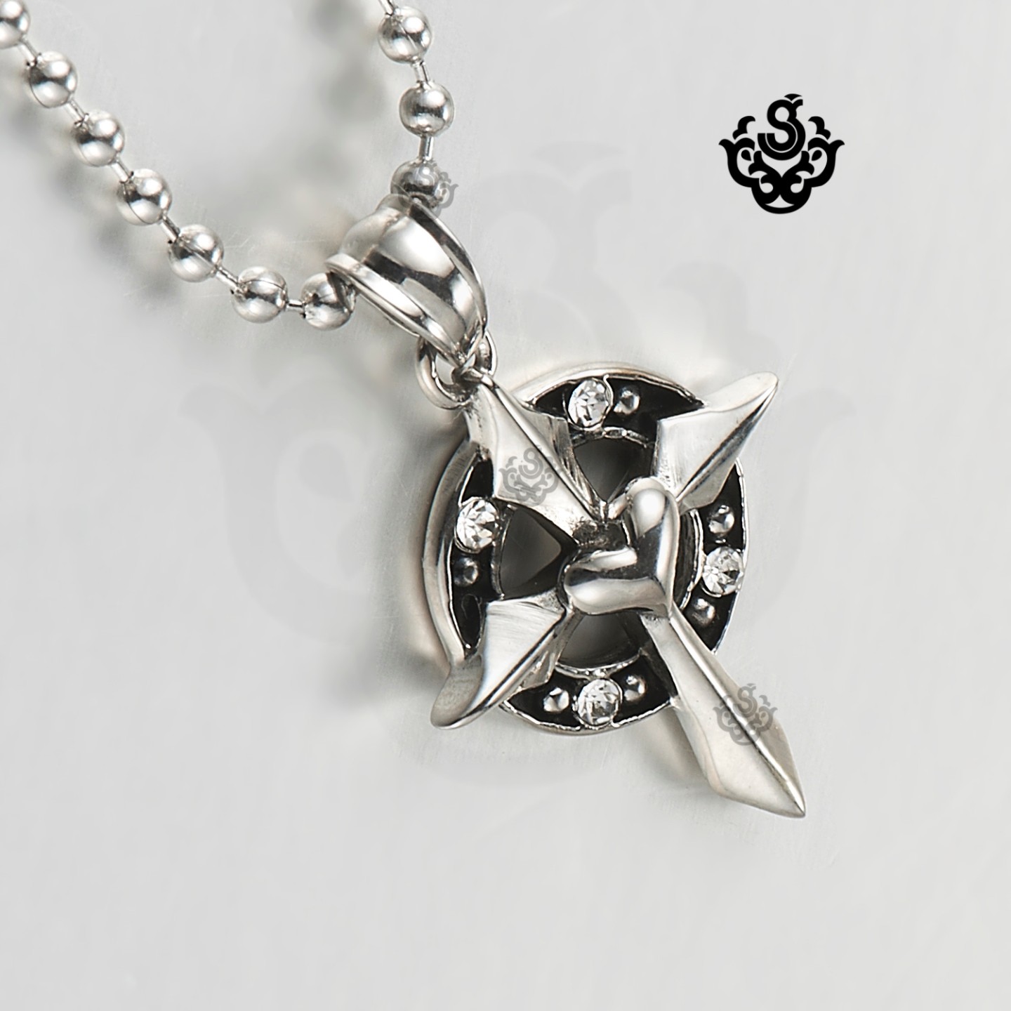 Silver cross patty devil clear crystal gothic stainless steel pendant necklace