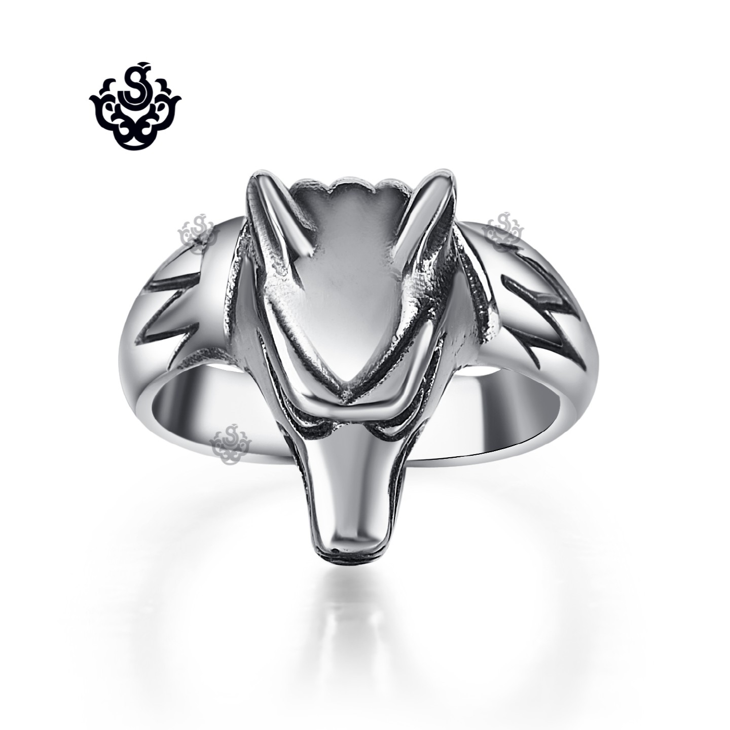 Silver wolf head solid ring stainless steel band soft gothic fashion