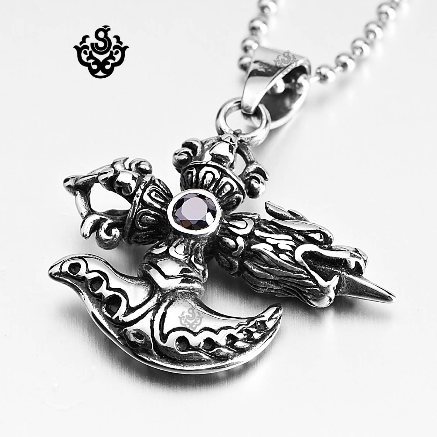 Silver pendant dragon crown sword dorje stainless steel black crystal ...