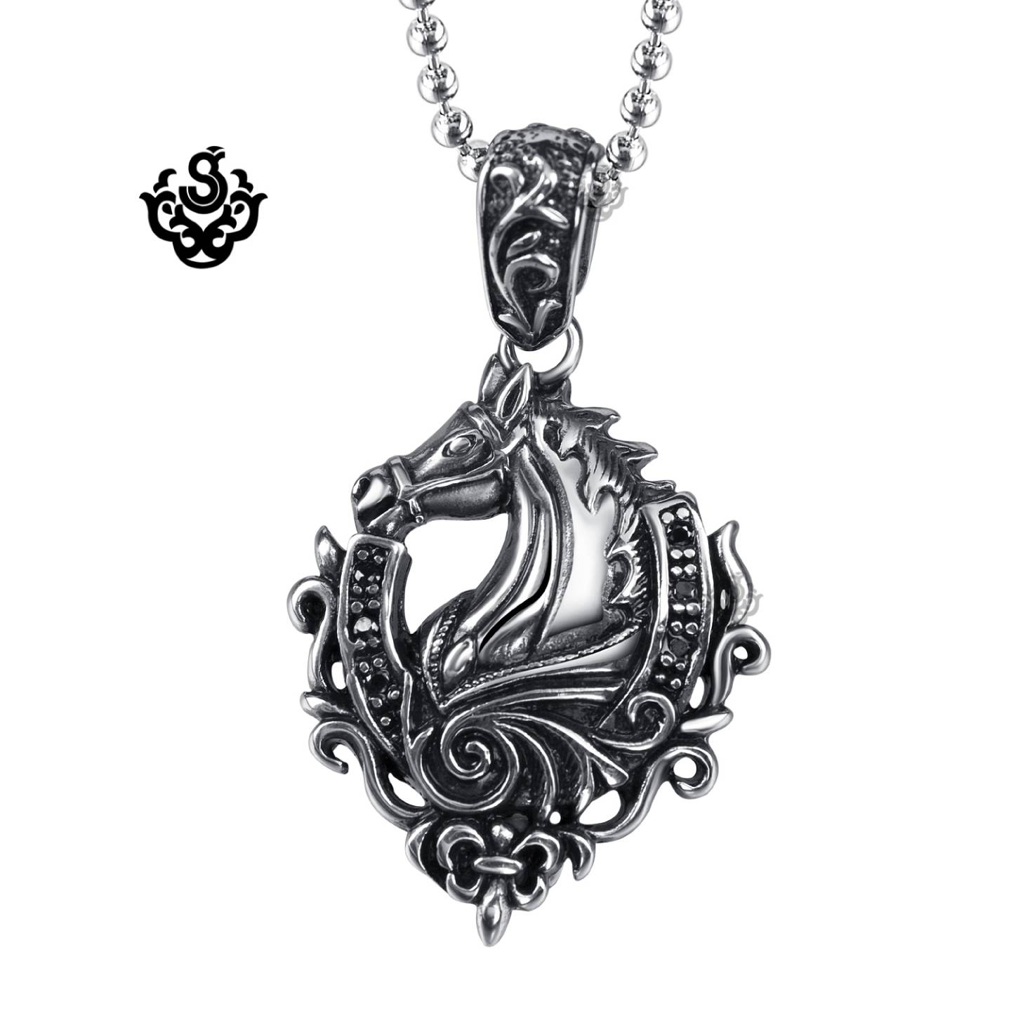 Silver horse pendant fleur-de-lis stainless steel black crystal necklace 24/"
