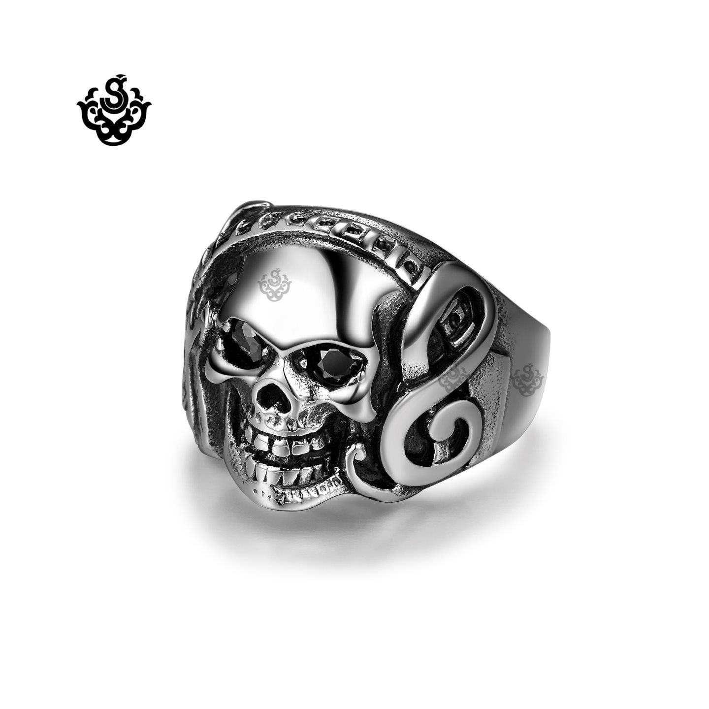 Silver skull with tatoo ring solid stainless steel band soft gothic 
