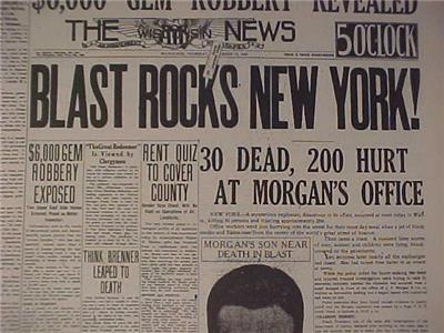 VINTAGE NEWSPAPER HEADLINE~NEW YORK STOCK MARKET WALL STREET BOMB