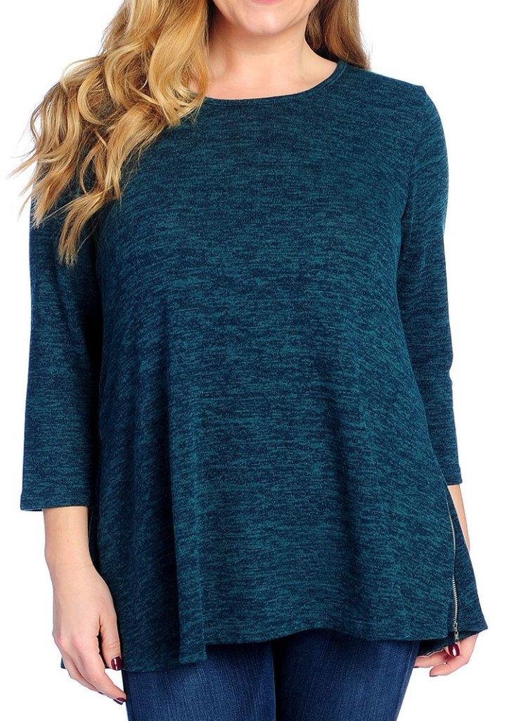 NEW - Paula Deen Sweater Knit 3/4 Sleeve Side Zip Chiffon Godet Top - Sz. L, XL