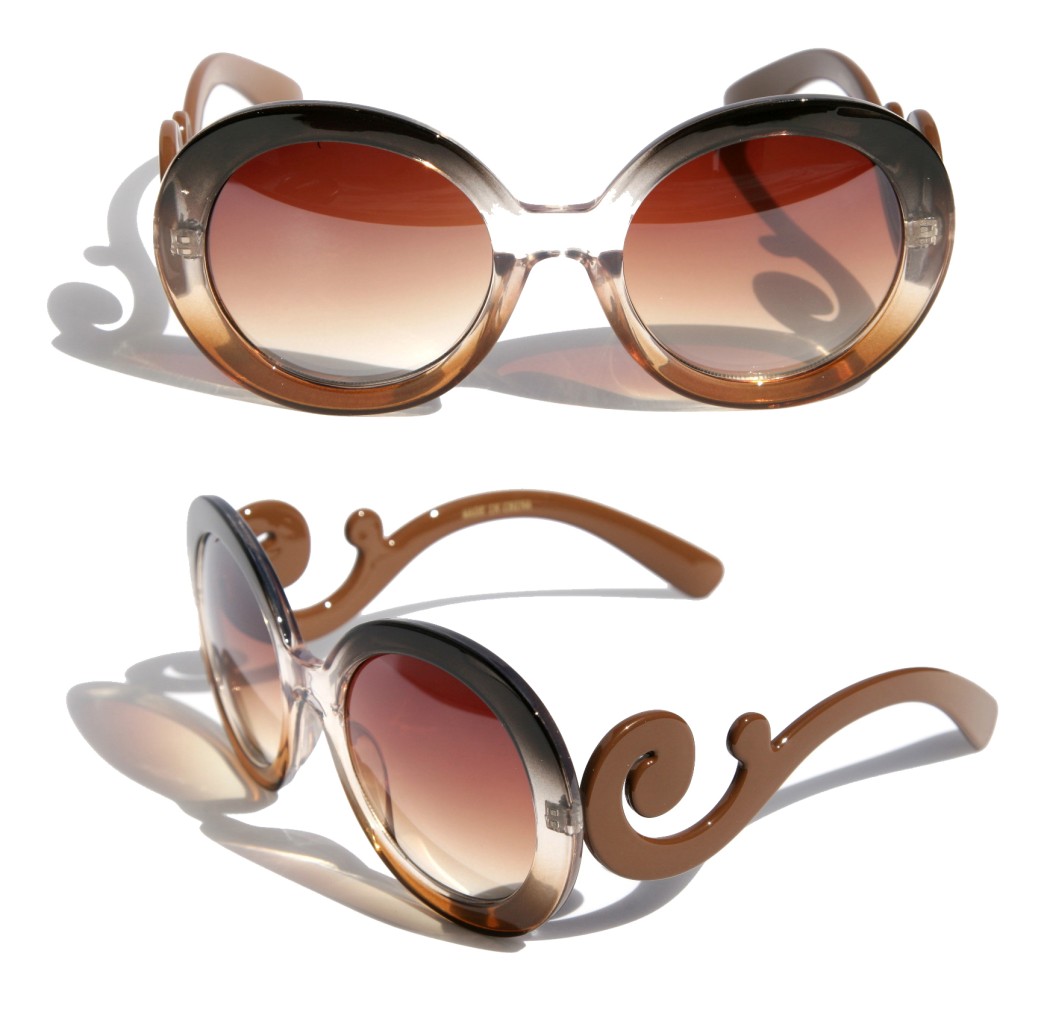Designer Inspired Round High Fashion Sunglasses w/ Baroque Swirl Arms ...