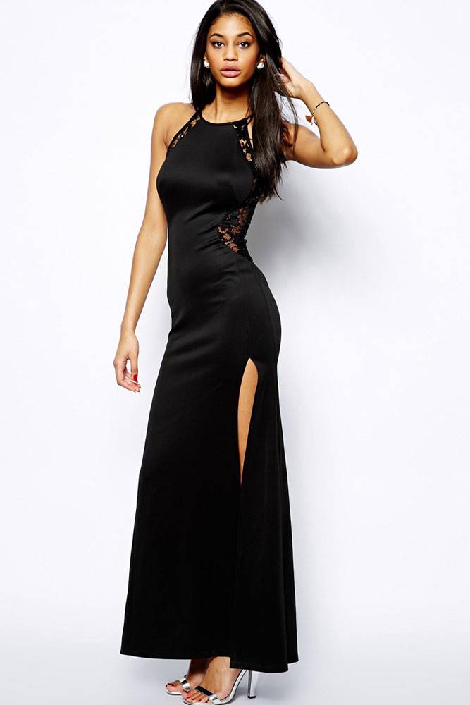 Elegant BLACK LACE SPLIT MAXI DRESS Evening Party Long Formal Gown Sz ...