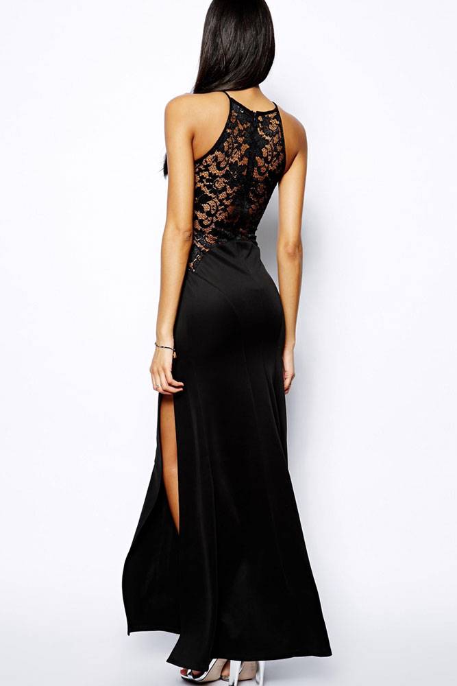 Elegant BLACK LACE SPLIT MAXI DRESS Evening Party Long Formal Gown Sz ...