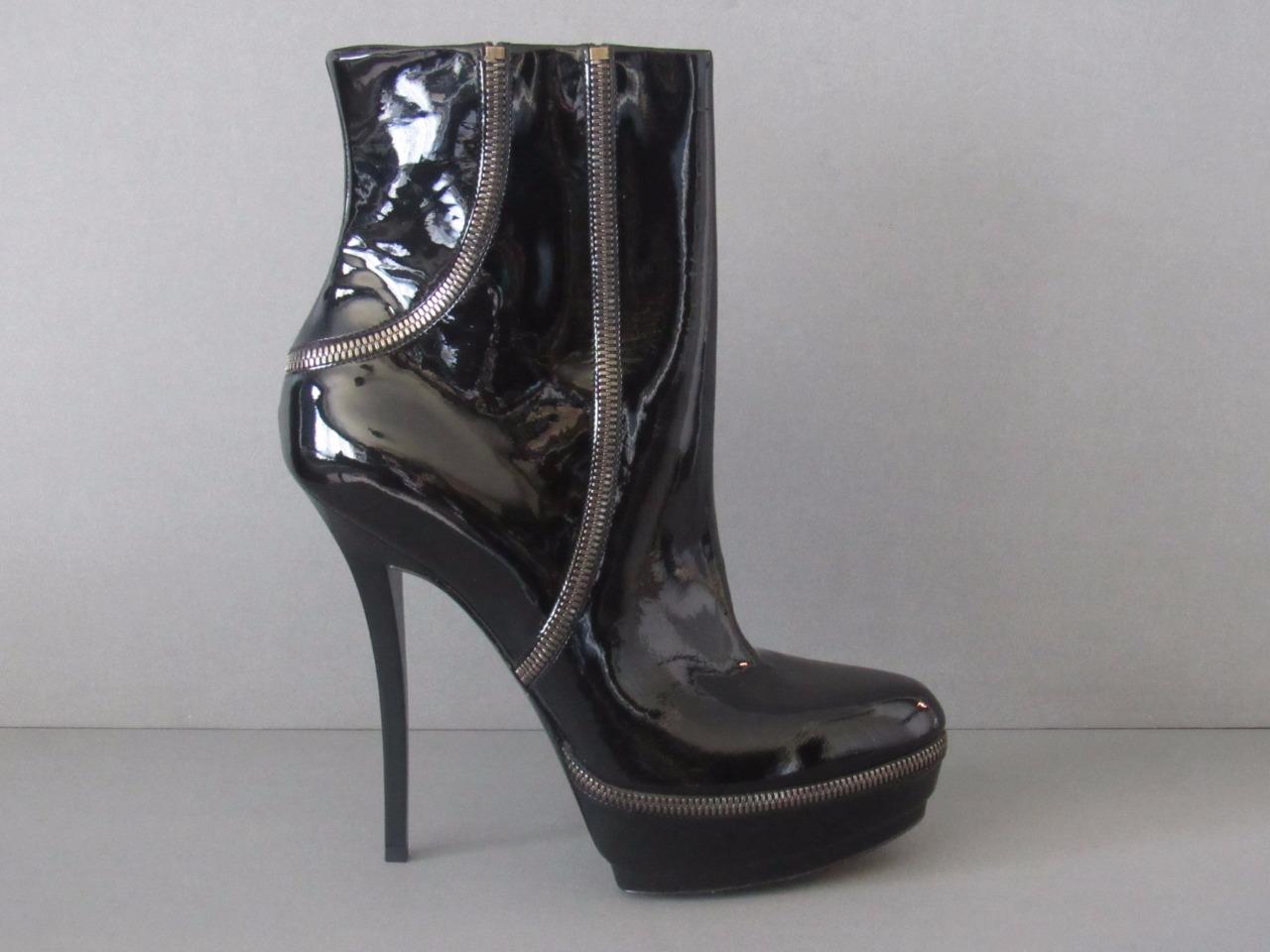AUTHENTIC NEW GUCCI 38.5 BLACK PATENT LEATHER ZIPPER ANKLE