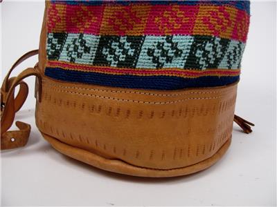 LARGE BACKPACK HAND WOVEN WOOL KILIM TOOLED LEATHER VTG  display picture 1