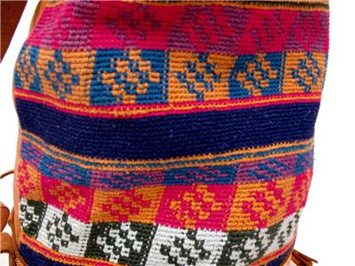 LARGE BACKPACK HAND WOVEN WOOL KILIM TOOLED LEATHER VTG  display picture 2