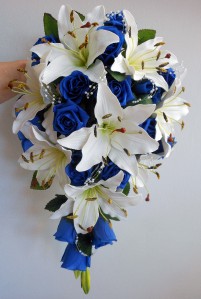 Teardrop Wedding Bouquet Ivory Lillies Royal Blue Roses Pearl Click To Open Supersize Image