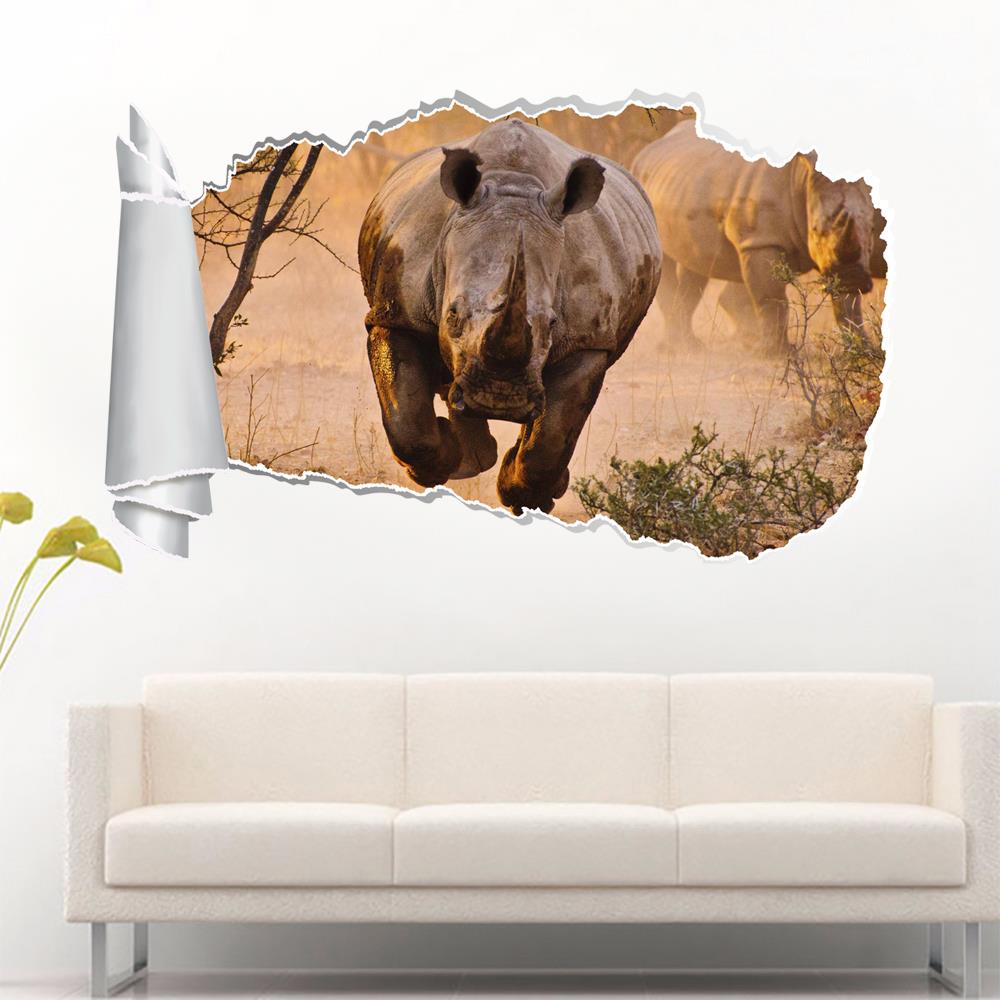 Rhinoceros Rhino 3d Torn Hole Ripped Wall Sticker Decal Art Mural