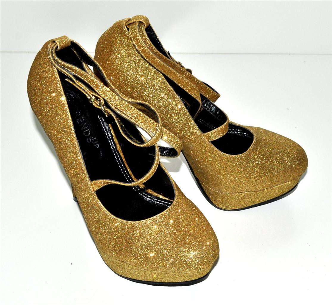 gold sparkly shoes low heel