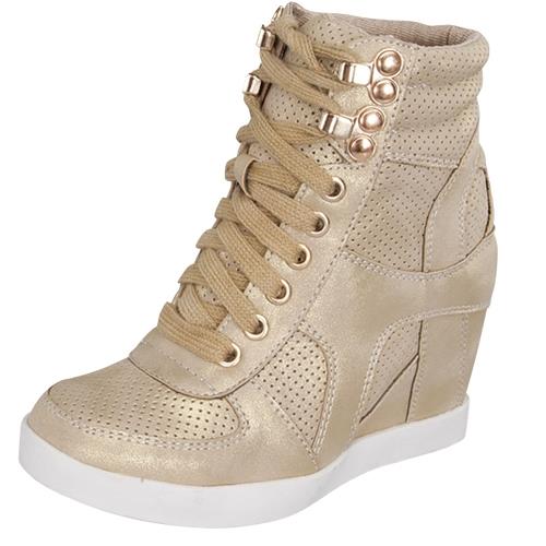 Womens Gold Faux Leather High Top Wedge Hidden Heels Sneaker