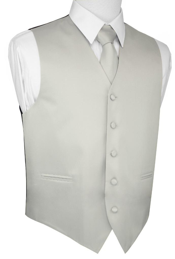 Prom Tie Silver Satin Formal Tuxedo Vest Bow-Tie & Hankie Set.Dress Wedding 