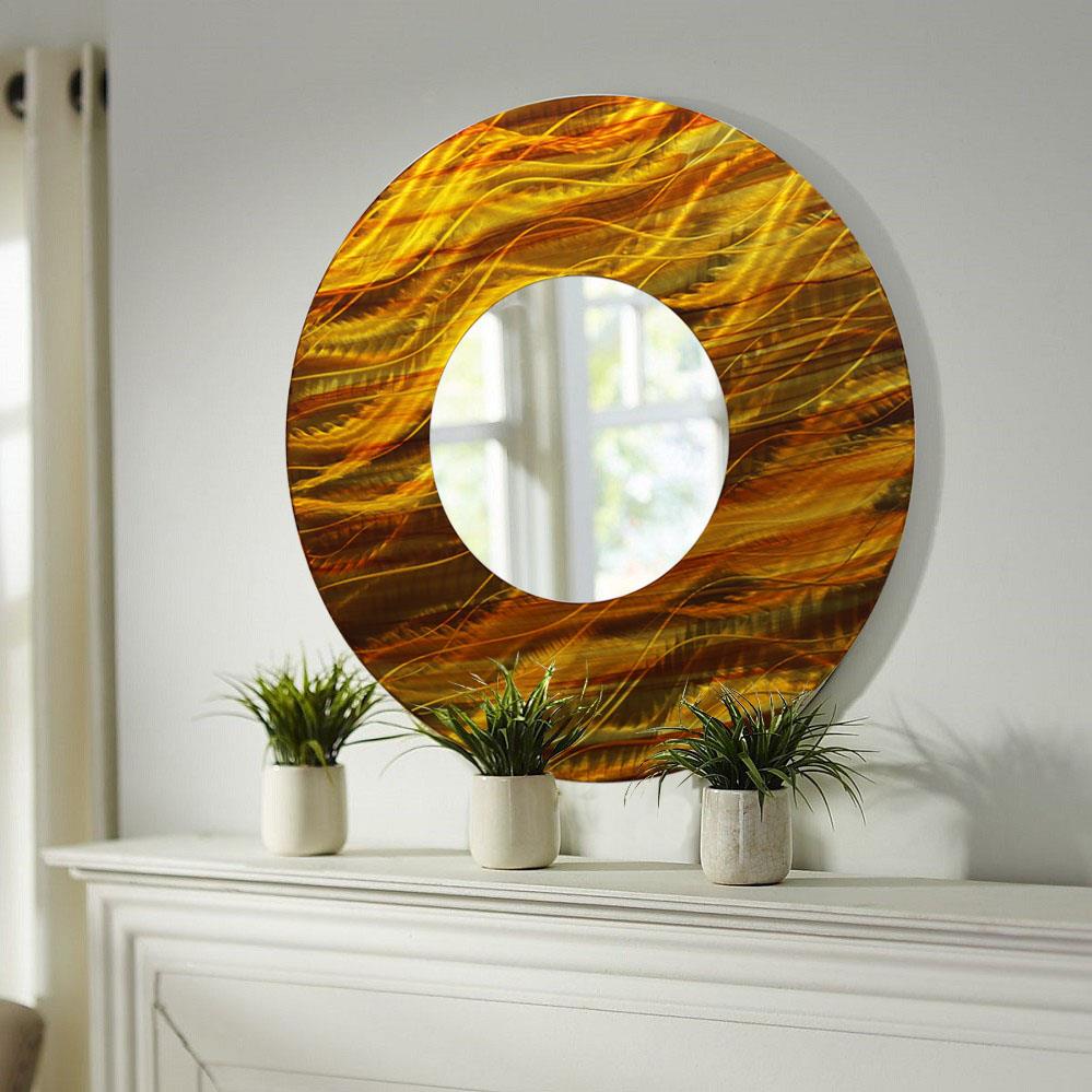 Gold/Amber Abstract Large Round Metal Wall Art Mirror