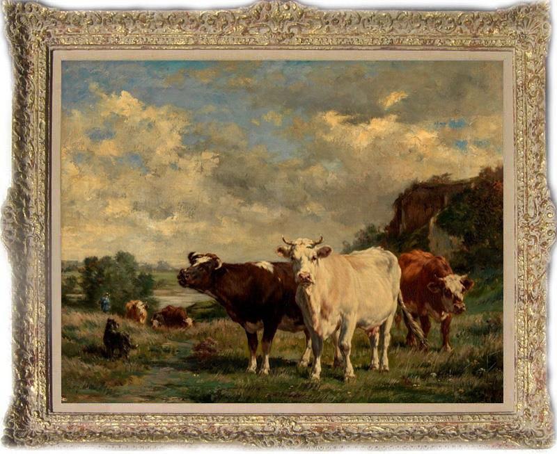 Hand Painted Old Master Art Antique Animal Oil Painting Cow On