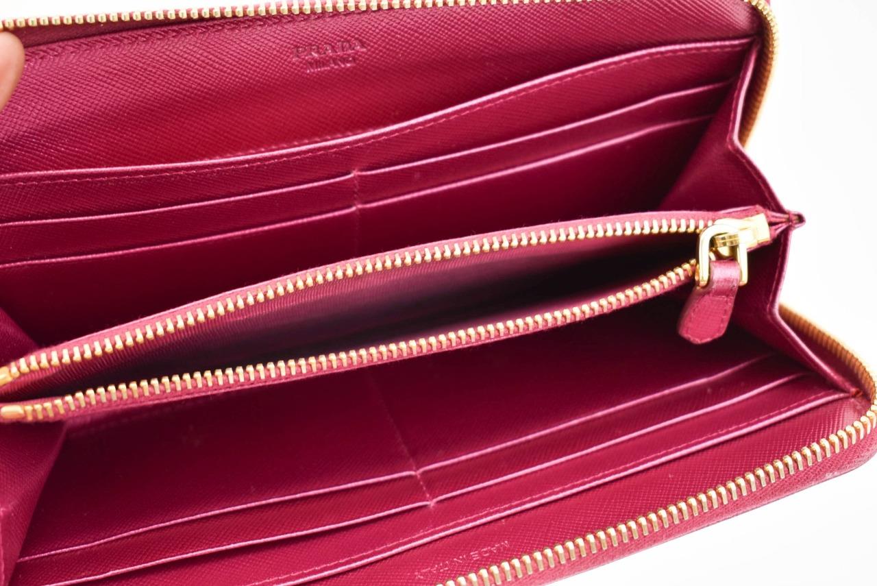 PRADA: Metallic Fuchsia, Saffiano Leather & Logo Long Zip-Around Wallet