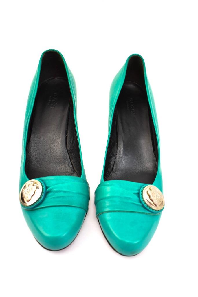 GUCCI &quot;Hysteria&quot;: Teal Green Leather & Logo Heels/Pumps Sz: 8M | eBay