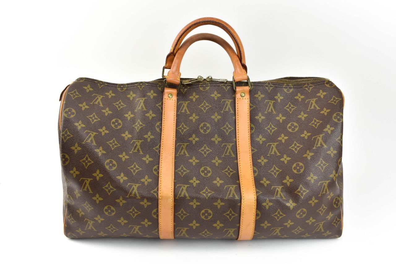 LOUIS VUITTON &quot;Keepall 50&quot;: Brown &quot;LV&quot; Logo & Leather, Travel/Tote Bag (qq) | eBay