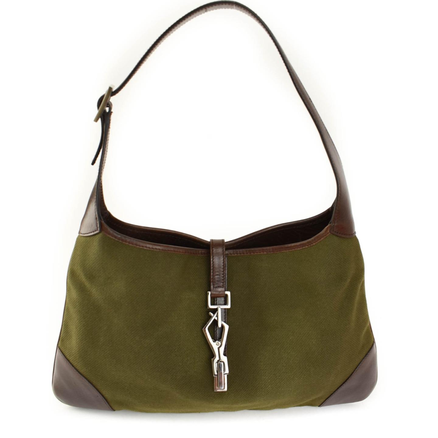 GUCCI "Jackie" Brown, Leather & Green Canvas Shoulder