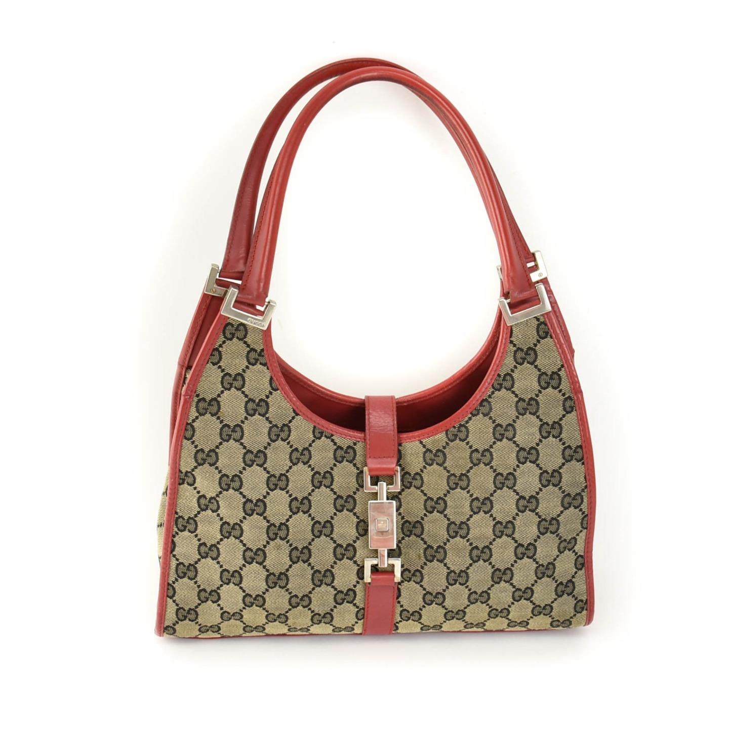 GUCCI &quot;Jackie&quot;: Black/Gray, &quot;GG&quot; Logo & Red Leather Shoulder/Hobo Bag (tq) | eBay