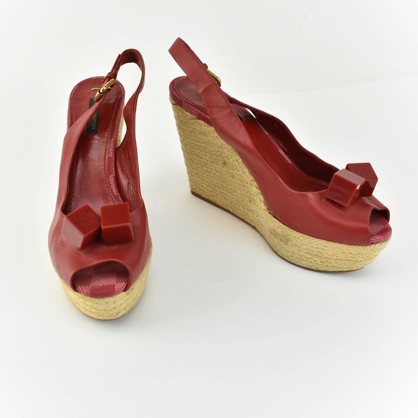 LOUIS VUITTON: Red, Leather, Espadrille & Logo &quot;Dice&quot; Wedge Heels Sz: 8.5M | eBay